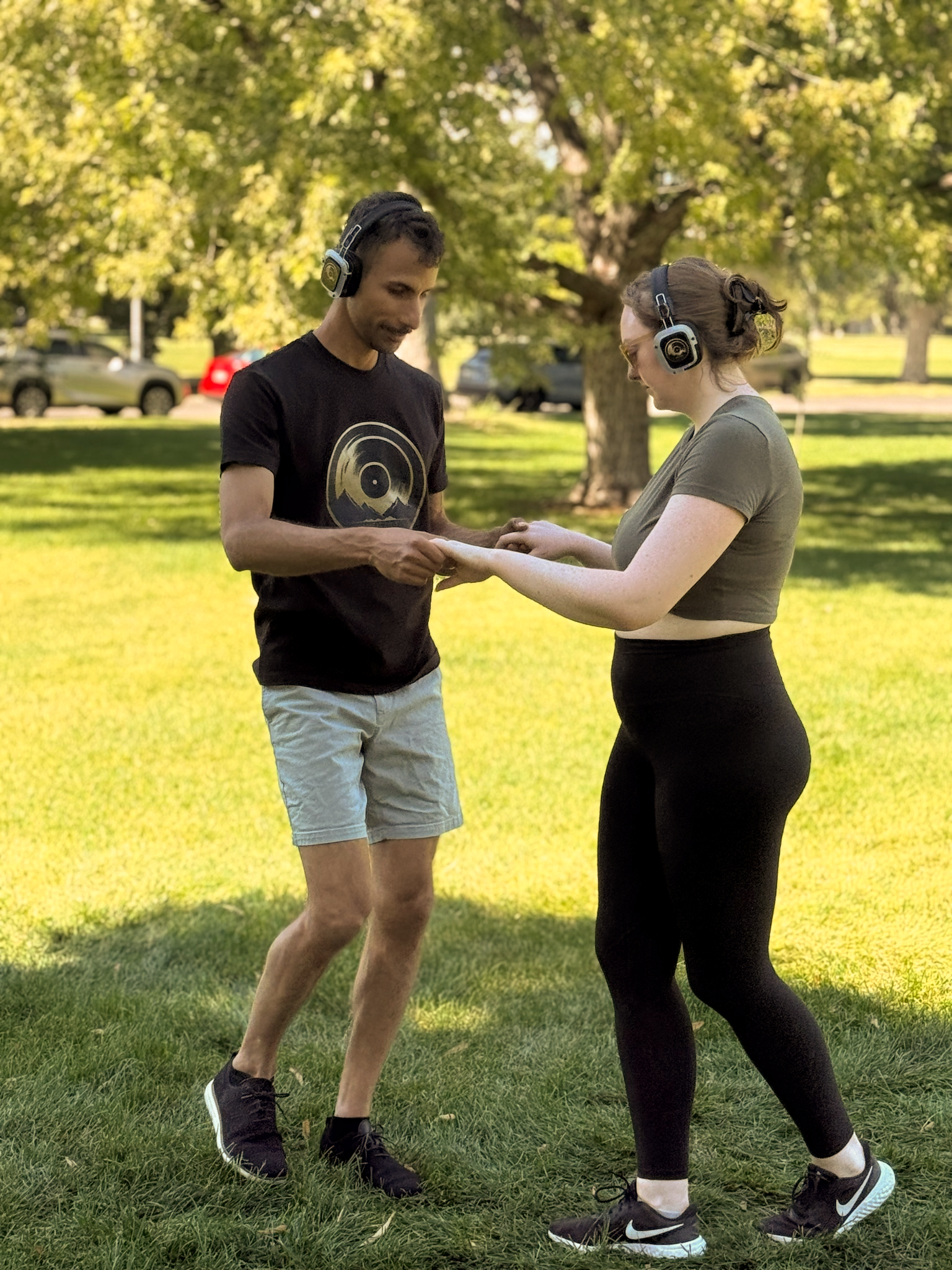 Wedding silent disco in Colorado with guests wearing headphones