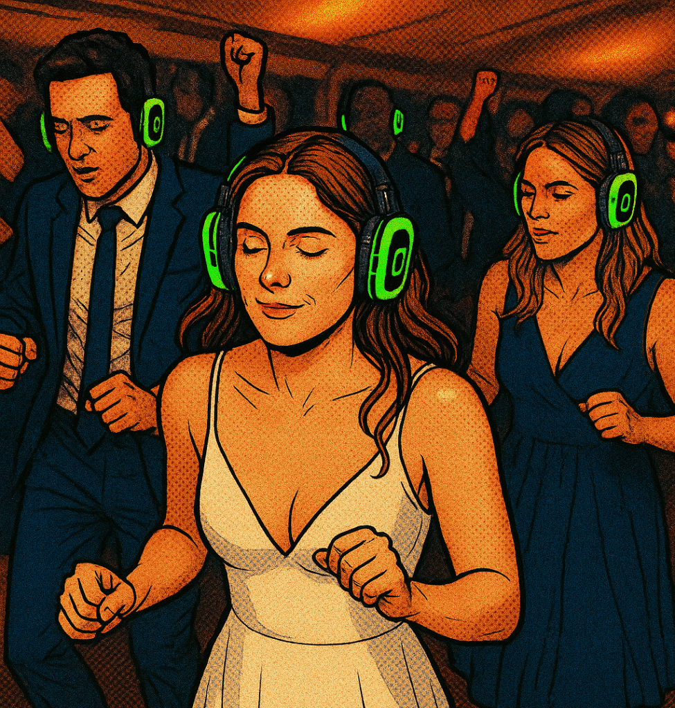 Guests dancing at a Silent Disco Wedding with glowing headphones
